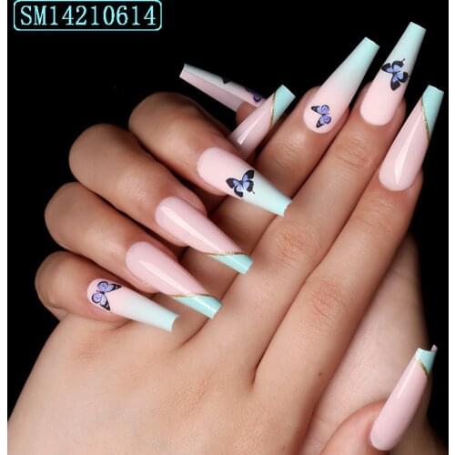 24pcs Butterfly Print Fake Nail Patch Glue Type Gradient Color Removable Long Paragraph Fashion Manicure Nail Patch Nail Art