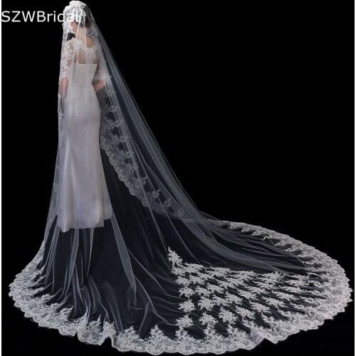 New Arrival White Ivory Wedding veils Lace Applique Cathedral Bridal veil Veu de noiva Voile mariage Wedding accessories Slub