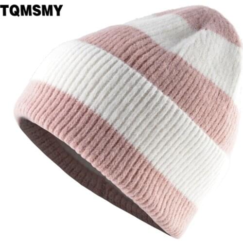 TQMSMY New Fashion Knitted Beanies Women Winter Colorful Striped Hat Ladies Warm Knit Wool Skullies Bonnet Womens Ski Hat TME99