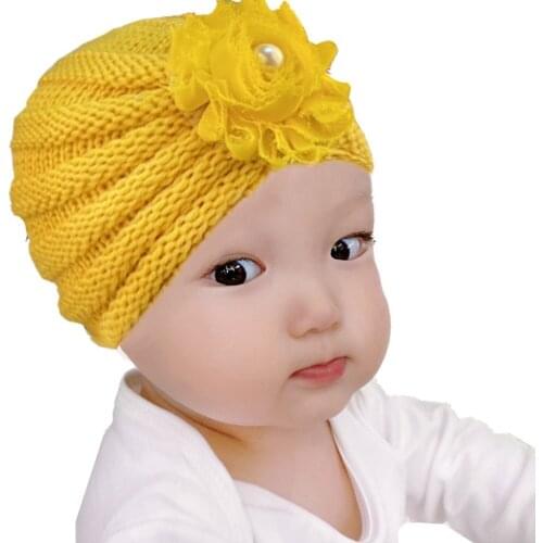 1 PCS Toddler Solid Color Striped Knitting Wool Caps Cute Handmade Flower Crochet Elastic Hats Fashion Warm Children Headwear