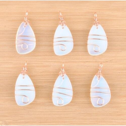 Wholesale 6Pcs Opal Natural Stone Pendant Jewelry Gift For Women Man Copper Wire Wrap Irregular Bead Rose Gold Color TN4174