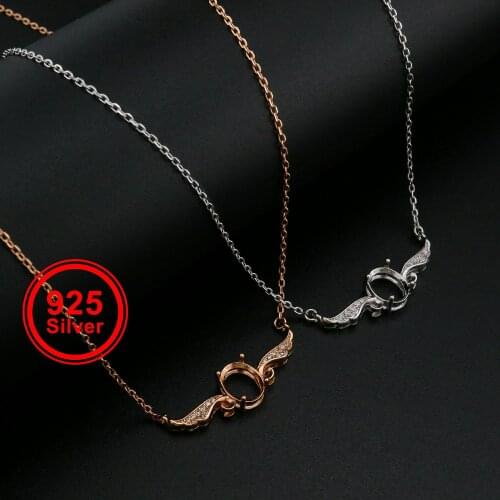 7x9MM Oval Prong Pendant Settings Angle Wings Rose Gold Plated Solid 925 Sterling Silver Charm Bezel 15''+2'' Necklace 1421167