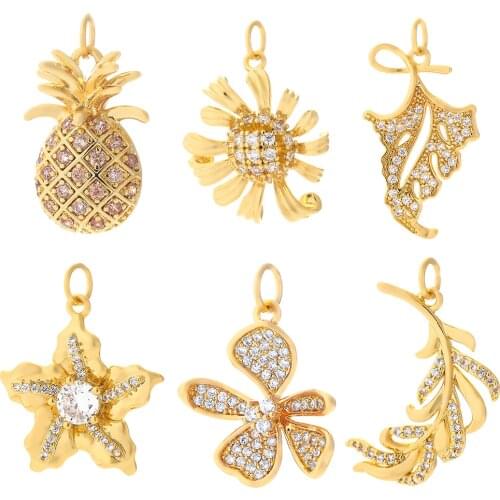 Flower Jewelry Charms for Earrings Necklace Bracelet Making Cute Cubic Zircon Plant Fruit Designer Pendant Charms Gold Copepr