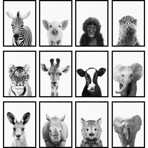 Black and White Zebra Poster Minimalist Animal Art Cute Giraffe Pictures Elephant Cow Print No Frame Painting