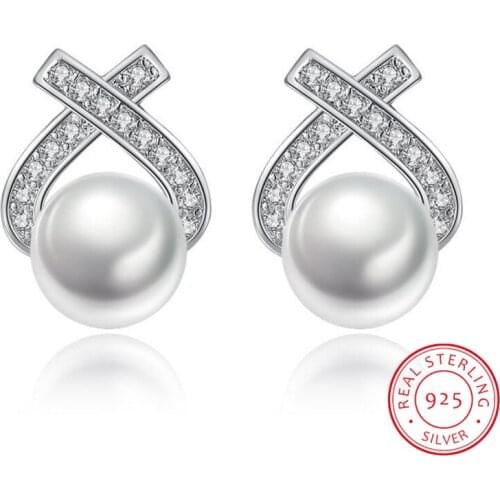 Simple Fashion 925 Sterling Silver Zirconia Triangle Simulated Pearl Stud Earrings For Women S-E248