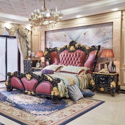 European-style Luxury Villa 2m Big Bed Solid Wood Carved First Layer Cowhide Luxury Hotel Bed Queen Size Bed Frame with Storage