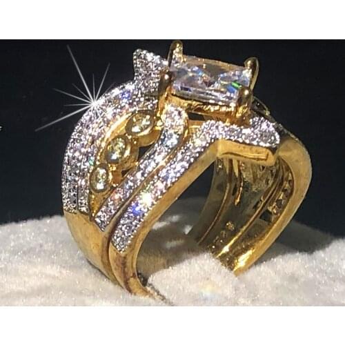 Luxury White Simulated Diamond rings set 18k Gold over 925 Silver 3-Piece Multi-Row Bridal Rings for women Court Jewelry