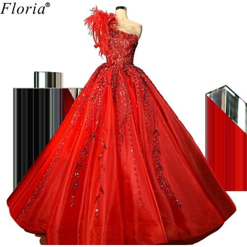 Luxury Dubai Beading Wedding Dresses 2020 A-Line One Shoulder Red Brides Dresses Crystals Wedding Party Gowns Abiti Da Sposa