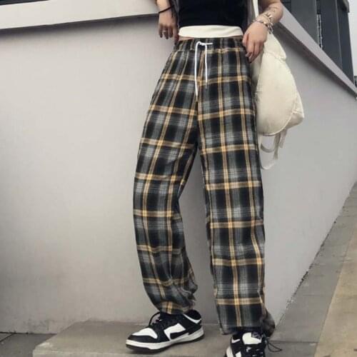 JMPRS Women Sweat Pants Vintage Plaid Loose High Waist Ankle-Length Pants Cotton Casual Korean Streetwear All Match Trousers