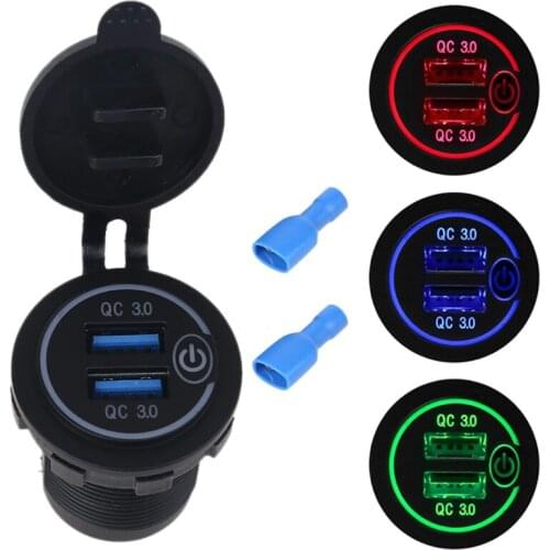 H7JF Waterproof 12V 24V Dual QC3.0 USB Car Charger Adapter with On/Off Touch Switch LED Light for Mobile Phone GPS SUV Bus