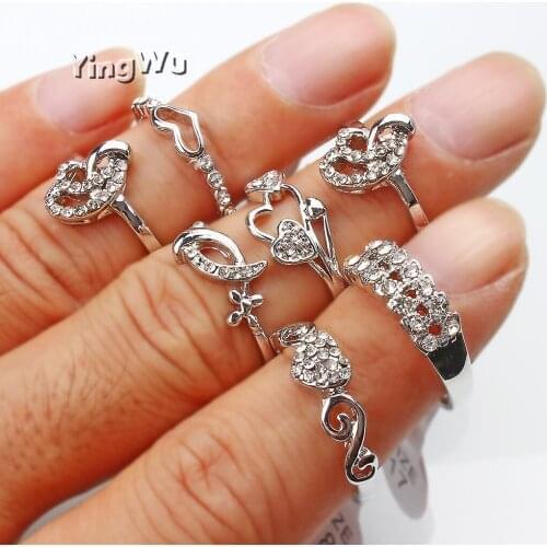 Yingwu Wholesale 50pcs Women Engagement Wedding Ring Mix Styles Crystal Rhinestone Silver Plated Rings Jewelry