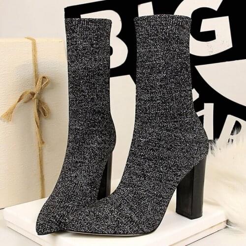2021 Women Stretch Knitted Sock Boots Block 9.5cm High Heels Fetish Plus Size Ankle Boots Stripper Chunky Booties Gothic Shoes