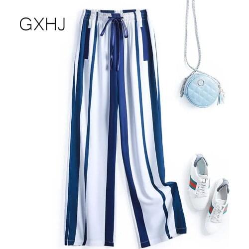 Women Striped chiffon wide-leg pants summer high waist slimming casual pants loose tie ice silk mopping straight-leg pants