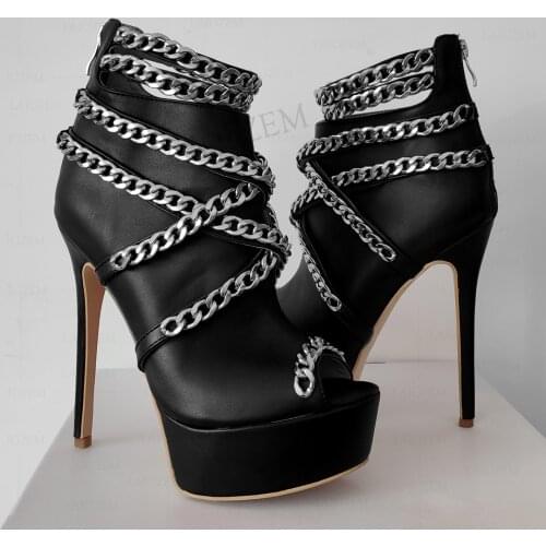 LAIGZEM SUPER Women Ankle Boots Platform Peep Toe Back Zip High Heels Metal Chains Party Prom Ladies Shoes Woman Big Size 44 52