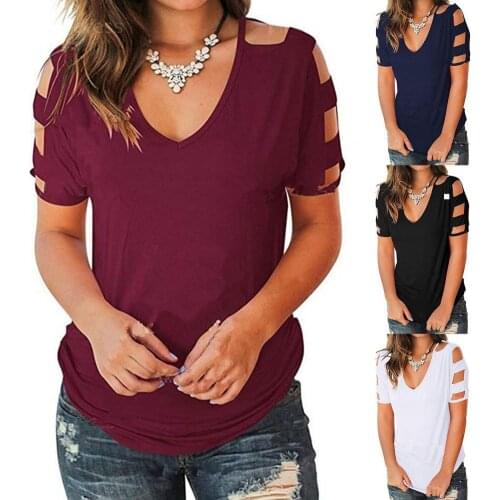 Womens Tops V Neck Cotton T Shirts 2021 New Summer Solid Color Short Sleeve Tee Hollow Casual Loose Femmel T-Shirt blusas mujer