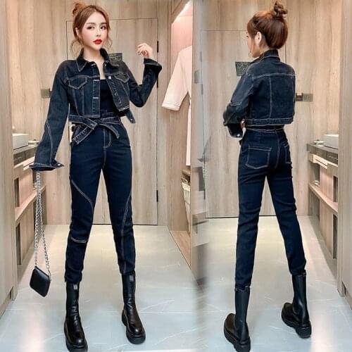 Women 2021 Spring Autumn Casual Jeans Suit Female Denim Two Pieces Set Long Sleeve Jacket Top & Pants Slim Ladies Outfits B195