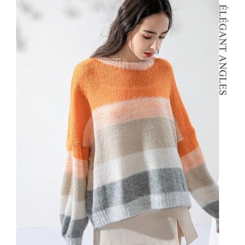 Color striped sweater womens mid-length 2021 autumn and winter loose lazy round neck color block sweater