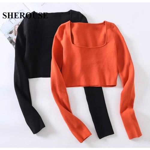 SHEROUSE Women Fashion Solid Knitted Cropped Pullover Sweater Square Collar Long Sleeves Vintage Female Knit Sweaters Chic Tops