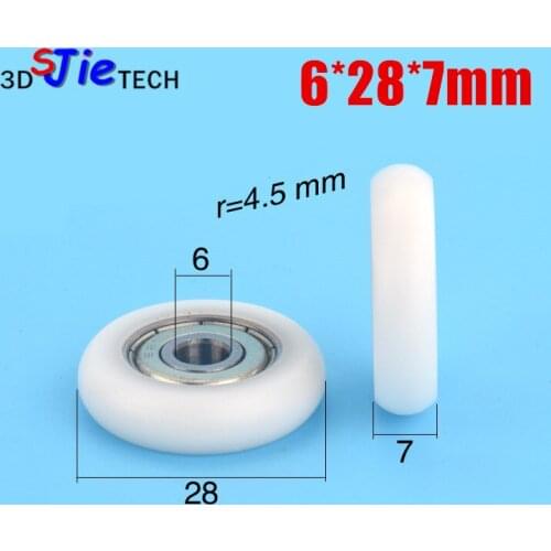 1pcs 6*28*7mm R type plastic wrap bearing wheel, pulley roller, POM nylon wheel, 626ZZ, mute and wear-resistant w/ M6 screw