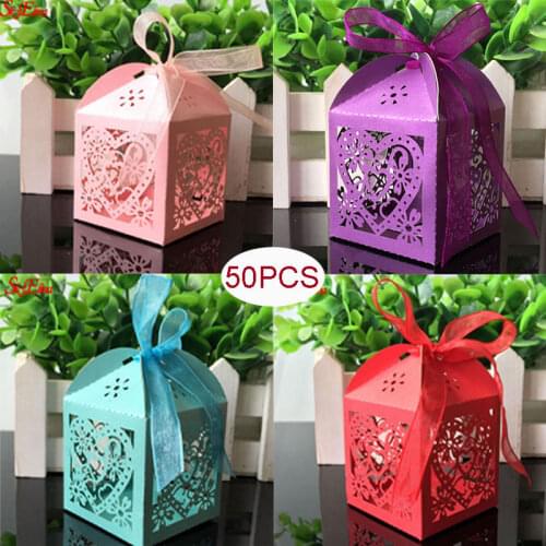 50Pcs/set Laser Cut Wedding Gifts Candy Boxes With Love Heart Hollow Pattern for Birthday Party Baby Shower Favors 9ZSH111