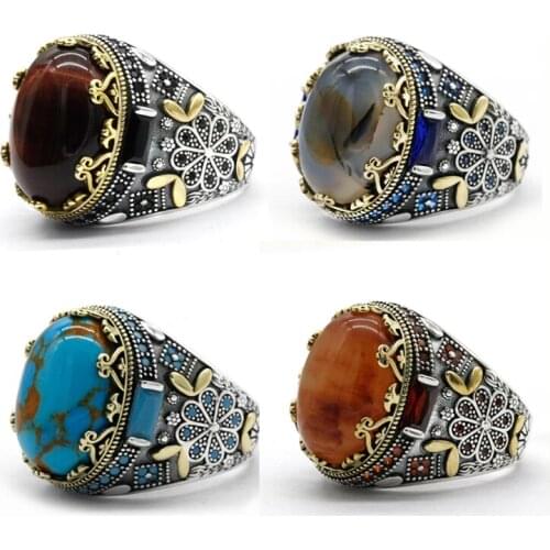 925 Sterling Silver Tigers Eye/Turquoise/Quartzite/Agate Rings for Men with Natural Stone Vintage Turkish Jewelry Women Gift