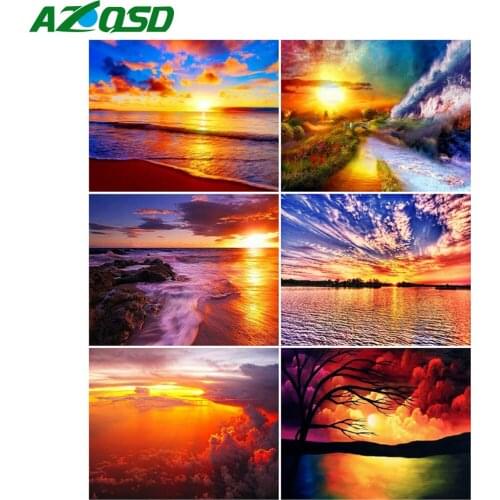 AZQSD Drawing By Number Sunset Seaside Hand Paind Kit Canvas Painting By Numbers Garden Landscape Wall Decor New Painter
