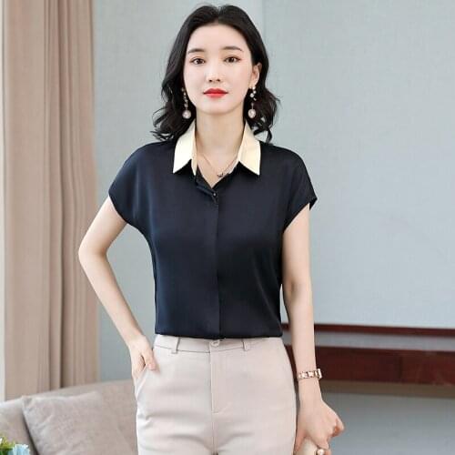 Summer Korean Fashion Satin Women Blouses Office Lady Shirt and Blouse Short Sleeve Womens Tops Loose Blusa Feminina