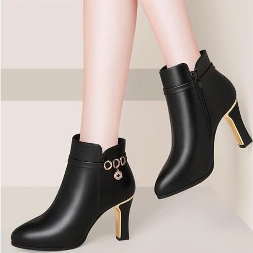 Europe Fashion Womens Boots Womens Shoes 8cm Heels Ankle Pu Leather Boots for Woman Breathable Slip on Boots