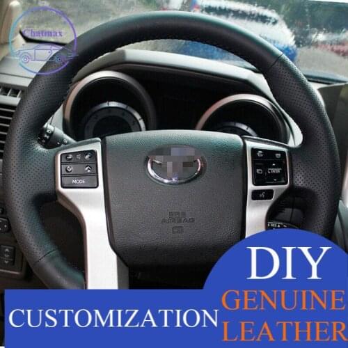 For Toyota Land Cruiser Prado Hand-stitched Black Leather Steering Wheel Cover Anti-slip fit all season