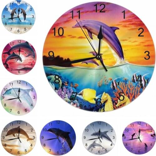 Dolphins 25CM Round Wall Clocks Decor Numeral Digital Dial Mute Silent Digital Clocks Battery Operated Clocks Living Room Wall