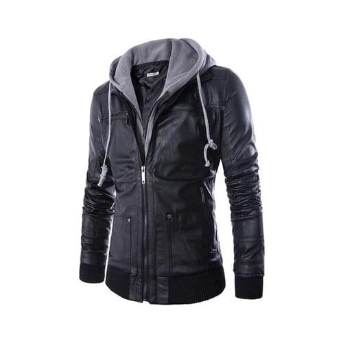 2020 Spring autumn mens Hooded leather jacket Casual Fake two pieces PU zipper coat slim warm double collar motorcycle coat