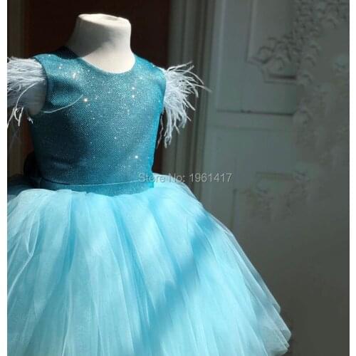 Baby Girls Dresses Knee Length Puffy Girls Toddler Infant Birthday Dresses Feather Lovely Princess Dress AG0184
