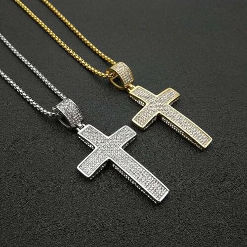 Hip Hop Iced Out Big Cross Pendant Necklaces Male Gold Color Stainless Steel Chains For Men Christian Jewelry Dropshipping