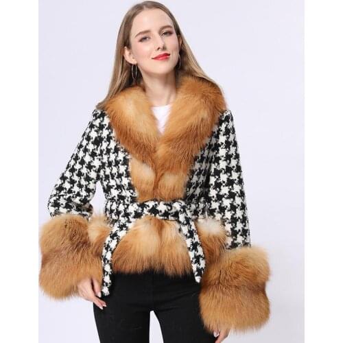 Janefur New Fox Fur Wool Coat Winter Fashion Elegant Lady Plaid Slim Short Tweed Cashmere Blends Outerwear Female