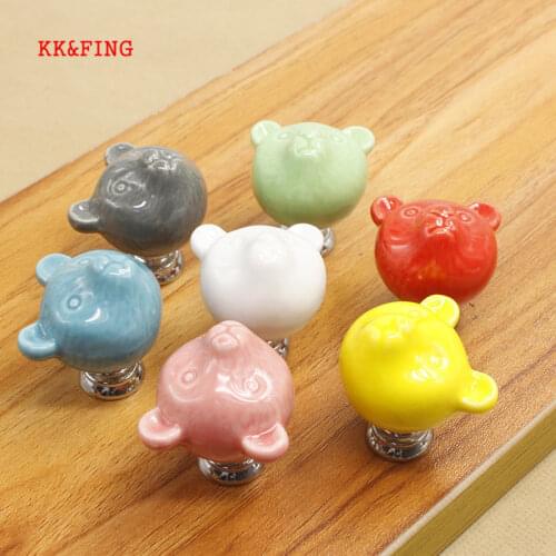 KK&FING Ceramic Bear Drawer Knobs 3D Cartoon Pulls Cabinet Cupboard handles Novelty Creative 7 color Fashion Furniture Handles