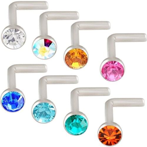 Showlove 8Pcs L Shape Nose Ring Studs Piercing Surgical Steel CZ Gem Nose Rings 20g Body Jewelry
