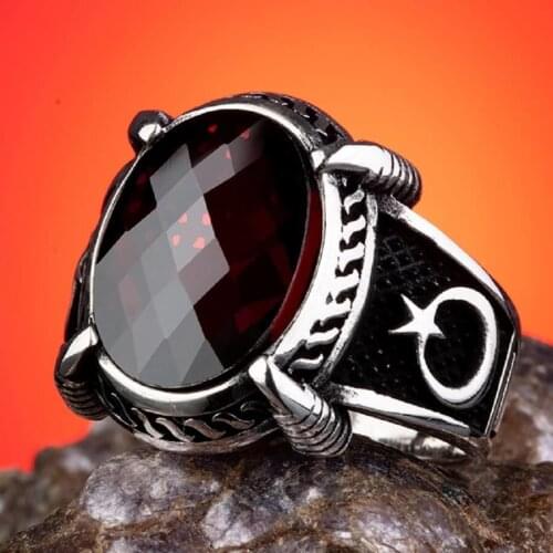 Vintage Oval Red Zircon Men Ring Crescent Star Motif Ring Claw Style Men Accessories Turkish Men Ring