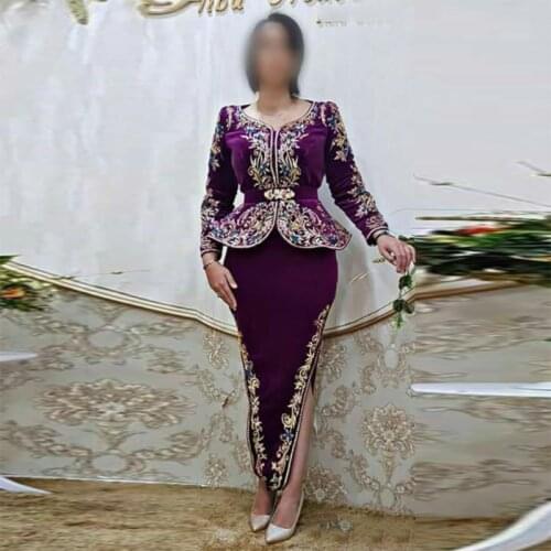 Trendy Velour Long Sleeve Moroccan Caftan Evening Dress Embroidery Islamic Dubai Saudi Arabic Prom Gown Sexy Slit Formal Dresses