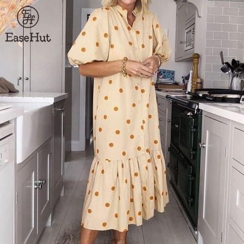 EaseHut Fashion Women Dress Polka Dot Print Stand Collar Short Sleeve Button Casual Sweet Cute Vestidos Female Dress Women