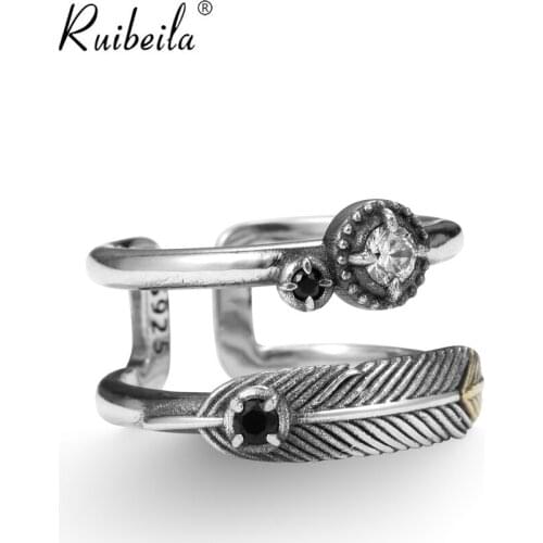 Ruibeila double gemstone feather open ring men and women 925 silver daily wild hip hop adjustable size retro silver jewelry gift