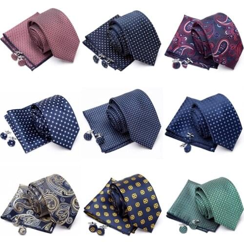 Mens Jacquard Tie Cravat Cufflinks Set Luxury Necktie Fashion Stripe Ties for Men Gift Wedding Dress Handkerchief Accessories