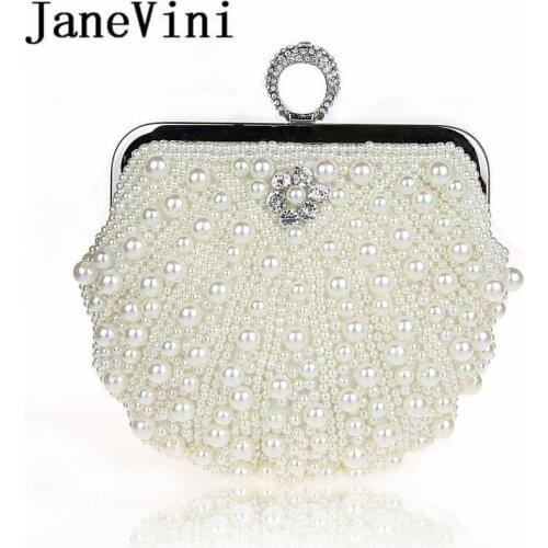 JaneVini 2019 New Style Shell Bag Women Pearls Evening Handbags Ivory Shiny Crystal Wedding Party Clutch Bags With Chain Wallets