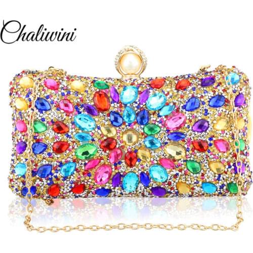 New Shoudler Square shape Women Evening Bag Diamond With Crystal Day Clutch Lady Wallet Party Banquet Wedding gold Purse