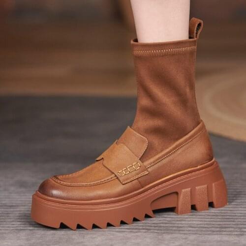 2021 Autumn Stretch Sock Boots Thick Bottom Martin Boots Women Flat Platform Chelsea Boots Genuine Leather Shoes Woman Botines