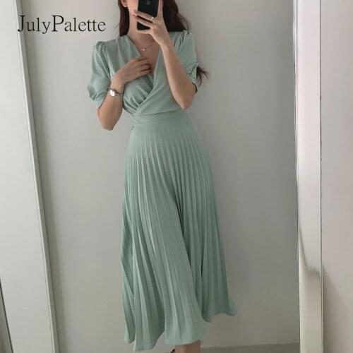 JulyPalette Elegant Light Green Pleated Women Dresses Office Ladies Summer V-neck A-line Dress 2021 Casual Short Sleeve Vestidos
