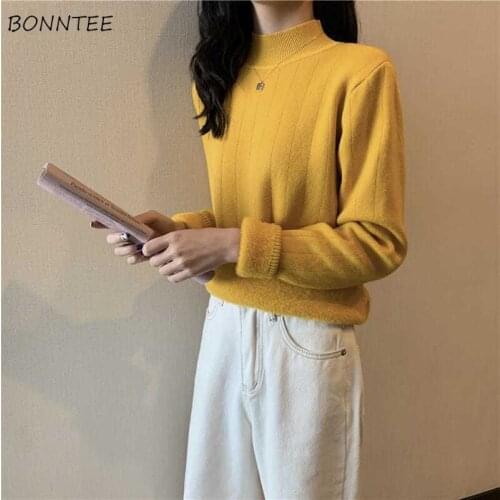 Pullovers Women Plus Velvet Solid Yellow Turtleneck Korean Style Students Vintage Basic All-match Warm Winter Ladies Tops Chic