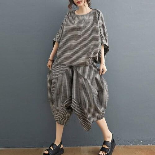 Plus Size Summer Two Piece Set Suit Women Batwing Sleeve Cotton Striped Tops Shirts Casual Vintage Cotton Linen Bloomers Pants