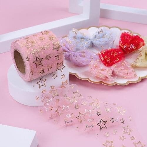 6/8cm 25Yards Golden Hollowed Star Tulle Glitter Mesh Baking Cake Topper Tutu Bow Squine Organza DIY Sewing Crafts Fabric Supply