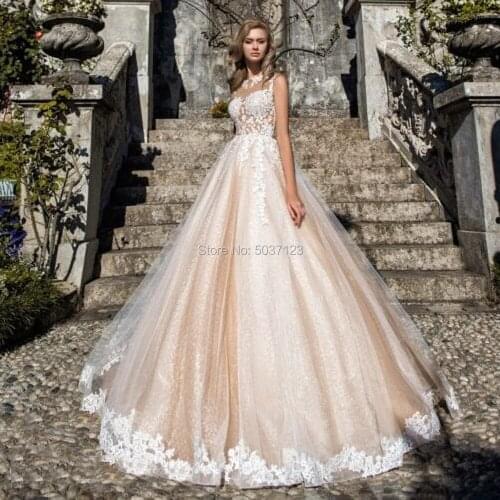 Champagne A Line Wedding Dresses Lace Applique Vintage vestidos de noiva Bridal Gown Off the Shoulder Princess Wedding Dress