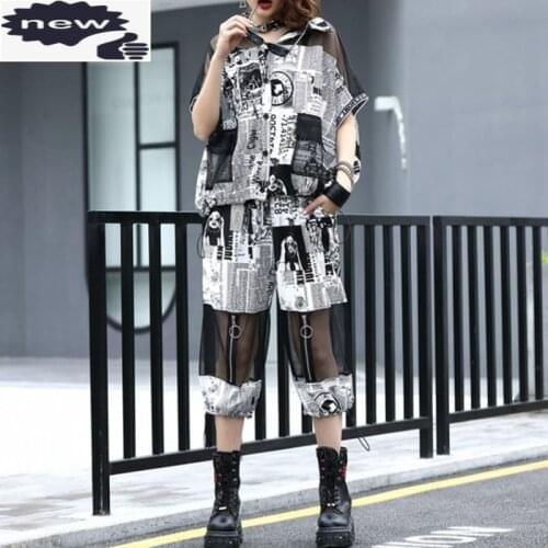 Streetwear Women Loose Mesh Splice Print Tops Harem Two Piece Fashion Calf-Length Pants Set Short Sleeve Shirts
